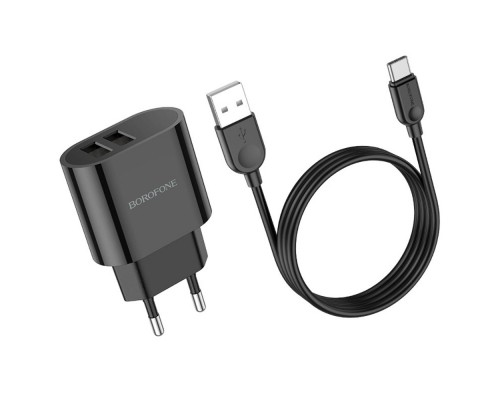 Сетевое зарядное устройство Borofone BA63A 2 USB с дисплеем черное + кабель USB to Type-C