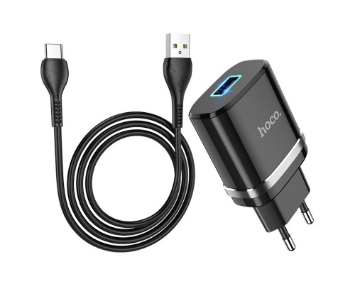 Сетевое зарядное устройство Hoco N1 USB черное + кабель USB to Type-C