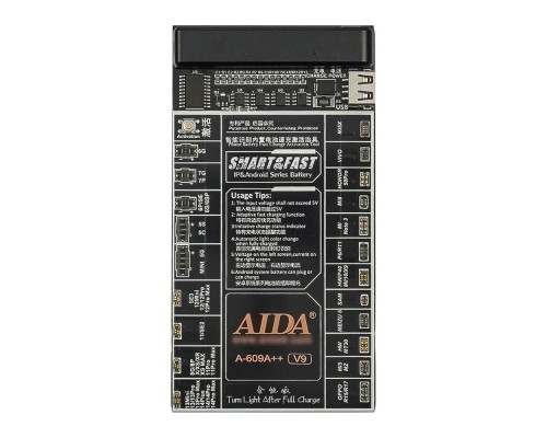 Плата активации и зарядки аккумуляторов Aida A-609A++ V9 цифр. инд. (5G -15 Pro Max,HUAWEI,LENOVO,VIVO,MI,ZTE; кабели microUSB/USB A/штеккеры БП)