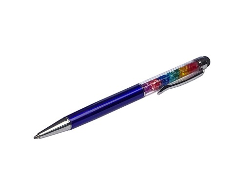 Стилус ёмкостный , с шариковой ручкой, металлический, сине-фиолетовый с кристаллами цветов радуги