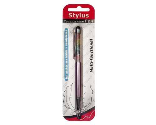 Стилус ёмкостный , с шариковой ручкой, металлический, светло-фиолетовый с кристаллами цветов радуги