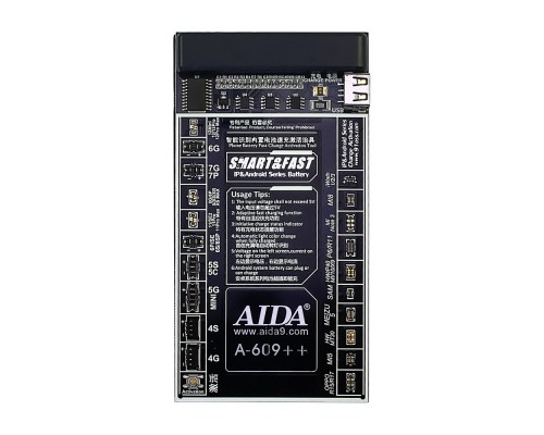 Плата активации и зарядки аккумуляторов AIDA A-609++ с цифр. инд. (4G -12 Pro Max,HUAWEI,LENOVO,VIVO,MI,ZTE; кабели microUSB/USB A/штеккеры БП)