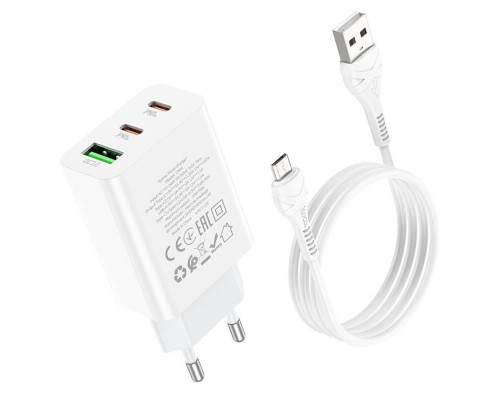 Сетевое зарядное устройство Hoco C99A USB/ 2 Type-C QC PD белое + кабель USB to MicroUSB