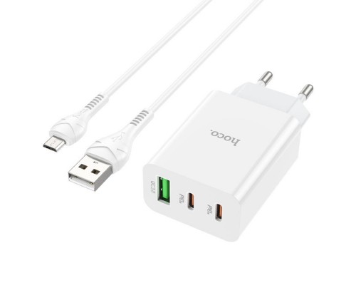 Сетевое зарядное устройство Hoco C99A USB/ 2 Type-C QC PD белое + кабель USB to MicroUSB