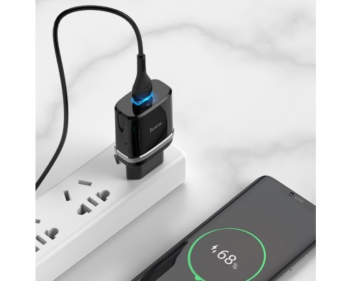 Сетевое зарядное устройство Hoco C12Q USB QC черное + кабель USB to Type-C