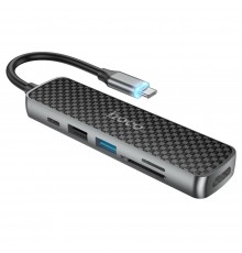 Мультиадаптер хаб Hoco HB24 6в1 Type-C to USB 3.0 (F)/ USB 2.0 (F)/ HDMI (F)/ Type-C (F)/ SD/ TF PD 60W 0.135m