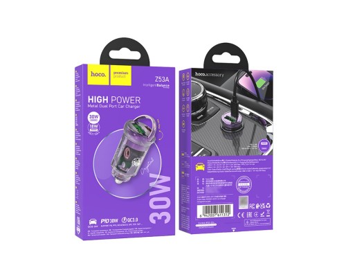 Автомобильное зарядное устройство Hoco Z53A USB/ Type-C PD 30W QC transparent purple