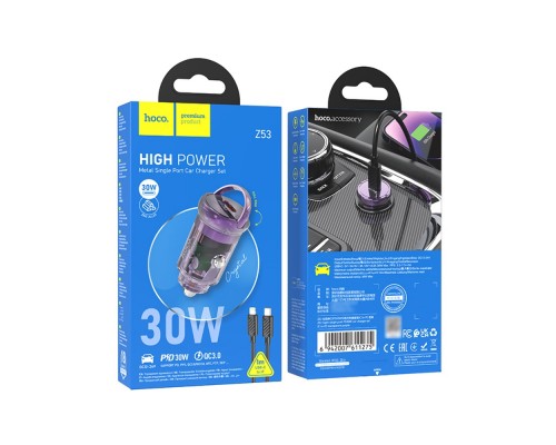 Автомобильное зарядное устройство Hoco Z53 Type-C PD 30W transparent purple + кабель Type-C to Lightning