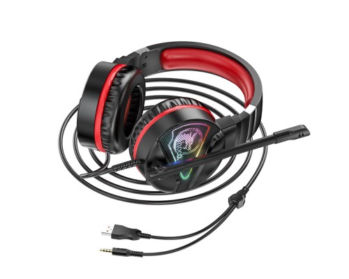 Наушники проводные полноразмерные Hoco W104 игровые с микрофоном и подсветкой Jack 3.5 / USB черно-красные