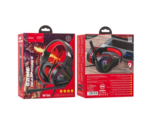 Наушники проводные полноразмерные Hoco W104 игровые с микрофоном и подсветкой Jack 3.5 / USB черно-красные