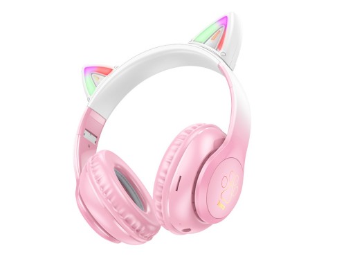 Наушники беспроводные полноразмерные Hoco W42 Cat Ear с подсветкой розовые