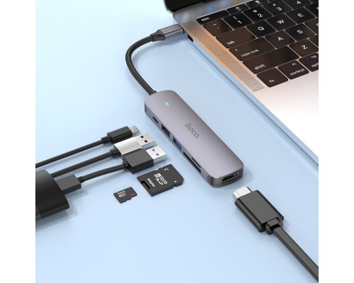 Мультиадаптер хаб Hoco HB28 6в1 Type-C to USB 3.0 (F)/ USB 2.0 (F)/ HDMI (F)/ Type-C (F)/ SD/ TF PD 60W 0.135m
