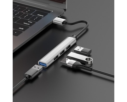 Мультиадаптер хаб Hoco HB26 4в1 USB to USB 3.0 (F)/ 3 USB 2.0 (F) 0.13m серебристый