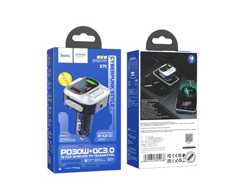 Автомобильное зарядное устройство Hoco E75 USB QC3.0/PD30W/AUX c FM-модулятором синее