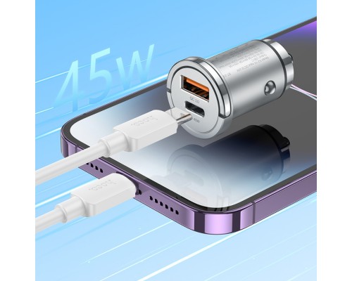 Автомобильное зарядное устройство Hoco NZ10 USB/ Type-C PD 45W серебристый + кабель Type-C to Lightning
